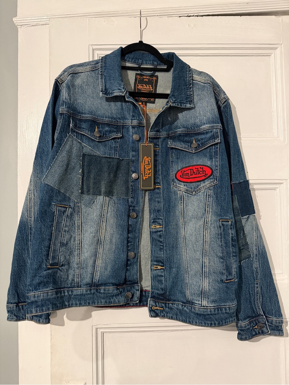 Von Dutch Blue Patchwork Trucker Jacket with Red Logo Patch